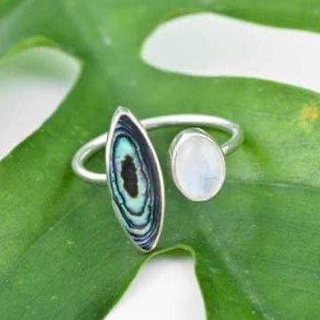 925 Silver Moonstone and Paua Ring Adjustable Size