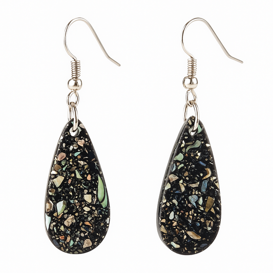 Black Mosaic Paua shell Piece Tear Drop Earrings Small